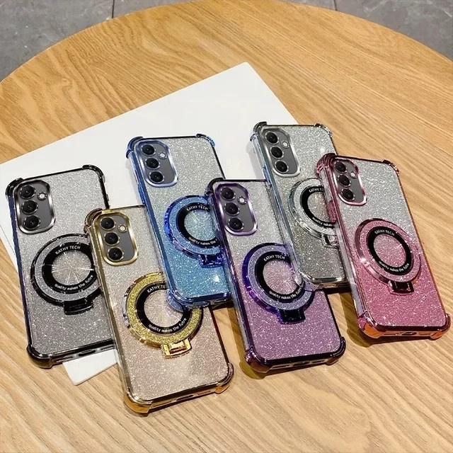 Luxuriöse Silikonhülle mit glänzender Beschichtung und glitzernder Halterung für Samsung Galaxy A-Serie in Gold - Bild 1