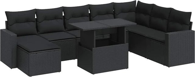 vidaXL 9-tlg. Garten-Sofagarnitur in L-Form aus schwarzem Poly-Rattan mit wetterfesten Kissen und pulverbeschichtetem Stahlgestell - Bild 1