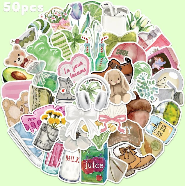 50 Stück Grüne Aquarell Aufkleber im Ästhetischen Cartoon Design für Laptop, Notebook und DIY-Projekte - Bild 1