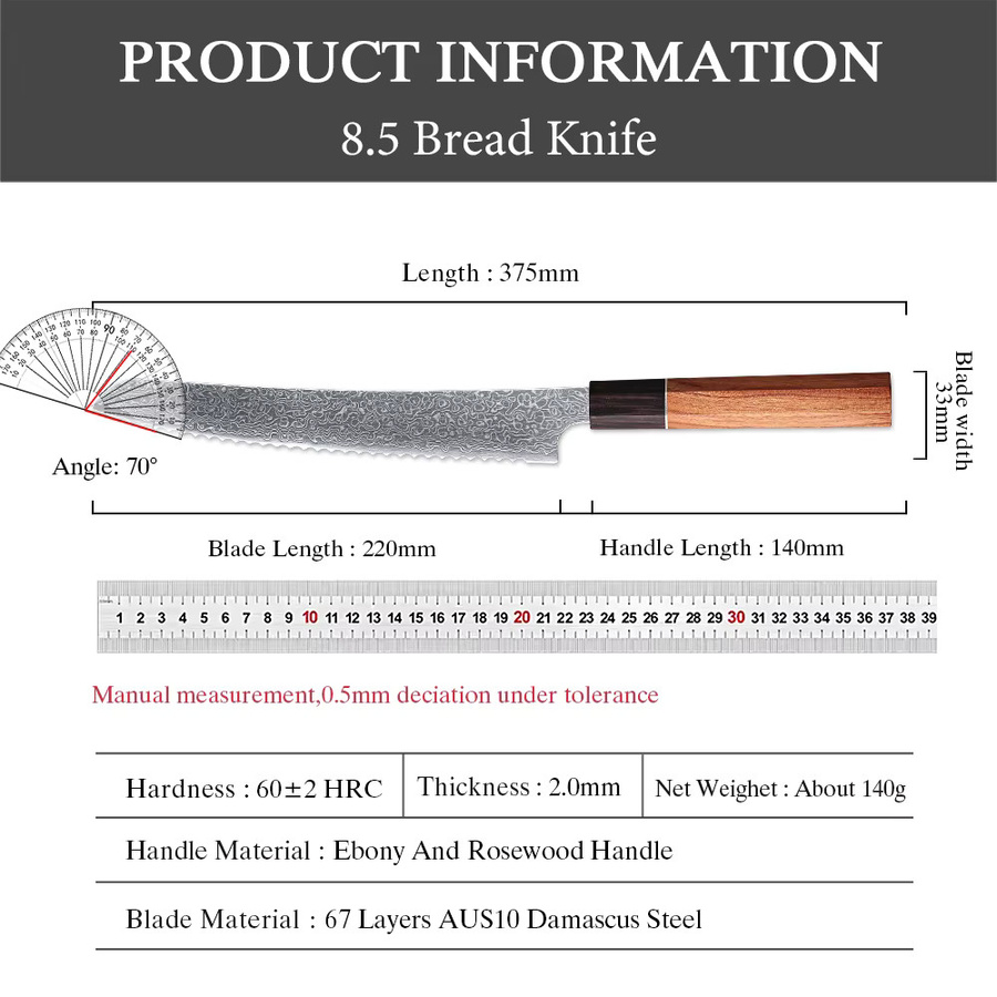 MOSTODOZO Brotmesser aus Damaszener Stahl mit 21,59 cm Klingenlänge für Brot, Käse und Backwerk - Bild 6
