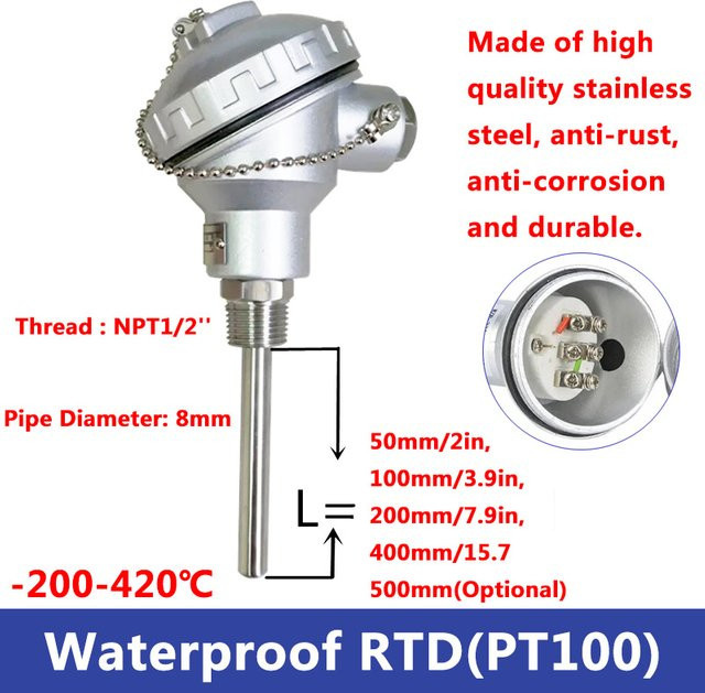 BMAD RTD PT100 Temperatursensor Sonde aus Edelstahl mit 1/2 Gewinde und Anschlusskopf, Länge: 200 bis 420 mm - Bild 1