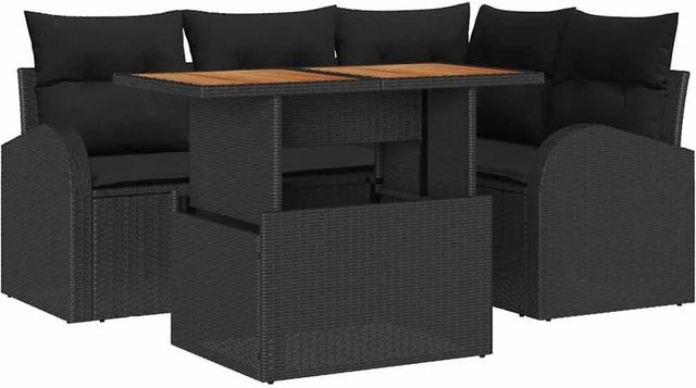 vidaXL Garten-Sofa-Set 5-teilig aus Poly-Rattan und Akazienholz in Schwarz mit Kissen - Bild 1