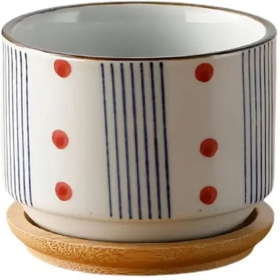 Japanischer Stil Blumentopf aus Keramik mit Bambusuntersetzer für Sukkulenten und Bonsai von Household supplies MH - Bild 1