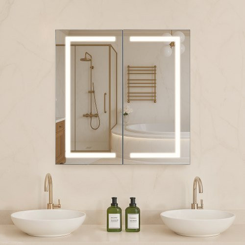 VEVOR beleuchteter Medizinschrank mit Spiegel in Silber, 3-farbig dimmbare LED, Anti-Beschlag-Funktion und verstellbaren Ablageflächen, Einbau- oder Wandmontage, B/H: 65 x 65 cm - Bild 1