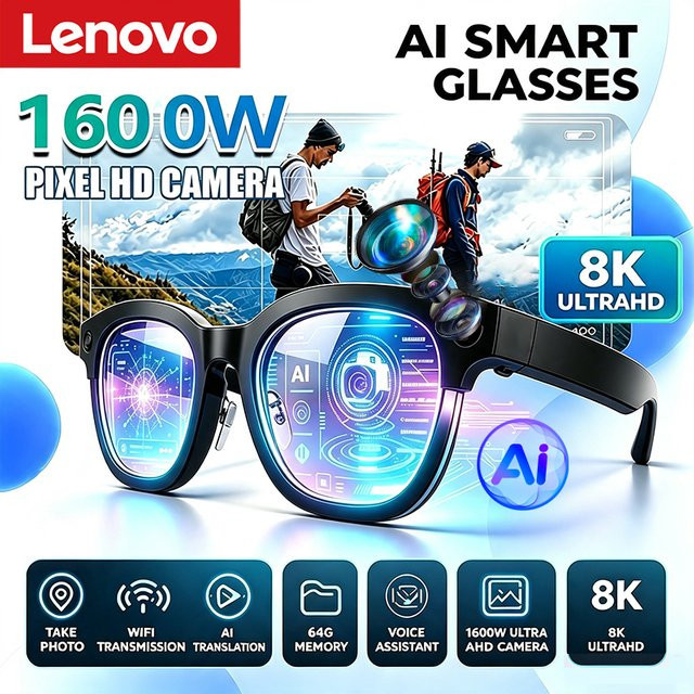 Lenovo Smart AI-Brille in Schwarz mit 8K HD Auflösung, Touch-Steuerung, Kameraaufnahme, Bluetooth-Anruffunktion, Sprachassistent und Echtzeit-Übersetzer - Bild 1
