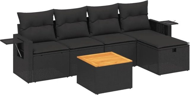 vidaXL 6-tlg Garten-Sofagarnitur aus Poly-Rattan und Akazienholz in Schwarz mit Kissen Modell 117 - Bild 1