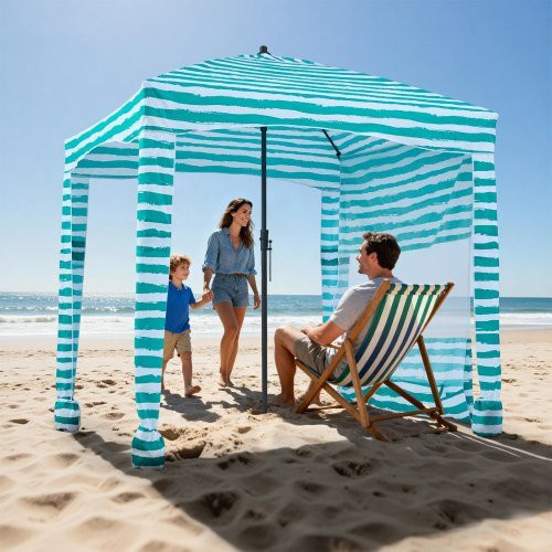 VEVOR Strand-Cabana Strandüberdachung mit Seitenwand und Sandsäcken, UPF 50+ Sonnenschutz, B/B/H: 183 x 183 cm, grüne Streifen - Bild 1