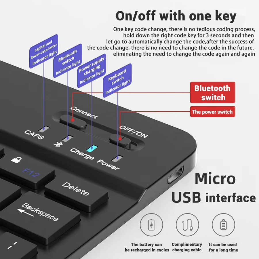Kebidumei Mini-Tastatur kabellos mit Bluetooth 5.0, RGB-Hintergrundbeleuchtung, wiederaufladbar und leise, Farbe: Schwarz, Kompatibel mit iOS, Android, Windows und iPad - Bild 2