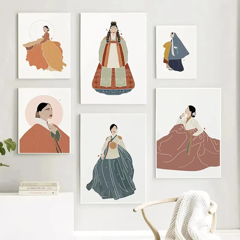 Potdemiel Koreanisches Hanbok Boho Kunstposter als Leinwanddruck, minimalistisches asiatisches Wandbild in Mehrfarbig mit Blumenmotiv - Bild 2