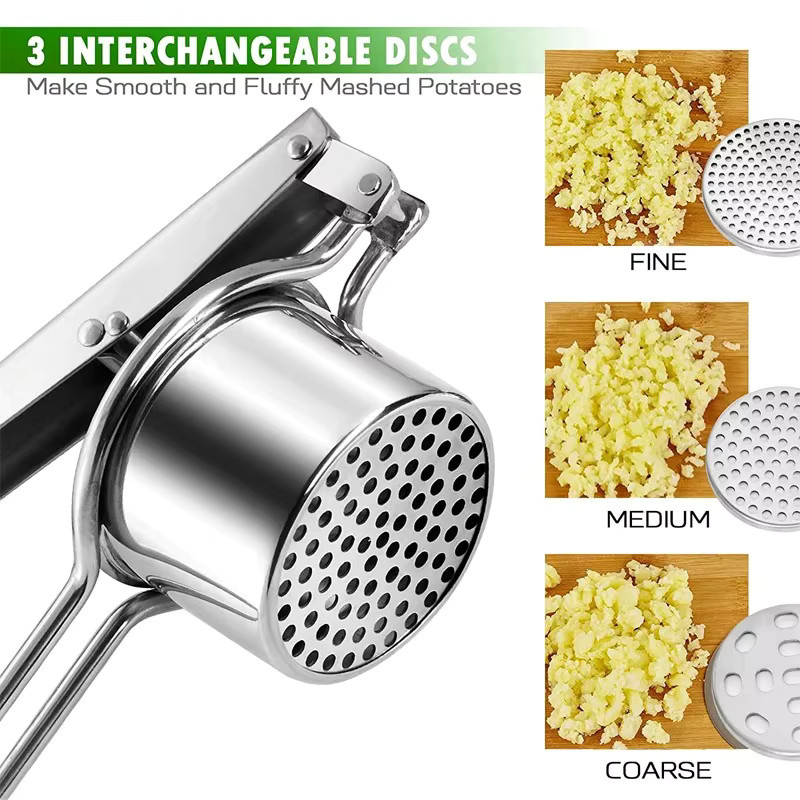 CHANSUNRUN Kartoffelpresse aus Edelstahl mit 3 austauschbaren Scheiben, manueller Kartoffelstampfer und Fruchtpresse in Silber/Grau - Bild 2