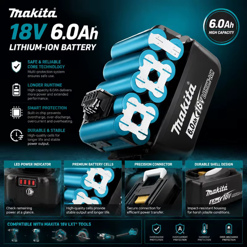 Original Makita 18V 6,0Ah Lithium-Ionen-Akku BL1860B in Schwarz für Makita LXT Akku-Werkzeuge - Bild 2