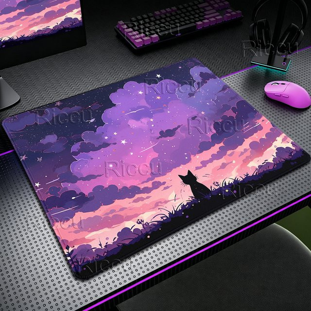 Riccu Mauspad XS Schwarzes Katzen Motiv mit Pastell-Wolken, rutschfeste Schreibtischunterlage in Schwarz und Multicolour - Bild 1