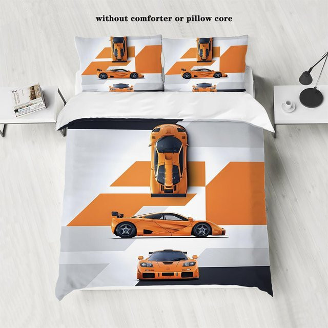 Queen&set 3-teiliges Bettwäscheset mit Sportwagen-Rennprint in Orange, bestehend aus 1 Bettbezug und 2 Kissenbezügen, atmungsaktiv und pillingfrei, B/H: 200 x 220 cm - Bild 1