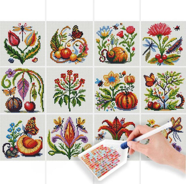 HUACAN 12er Set 5D Diamantgemälde DIY Set mit Blumen, Tieren und Obst in Multicolor als runde Diamant-Stickerei - Bild 1