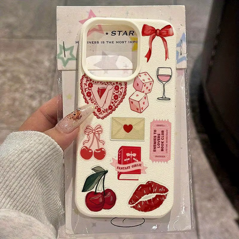 Handyhülle mit Collagen-Muster und Lychee-Struktur für Apple iPhone 17, 16, 15 Pro Max Plus Series in Rot und Beige - Bild 2