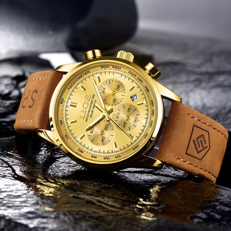LIGE Armbanduhr Chronograph, Quarz, Leder, Blau, Gold, Herren - Bild 4