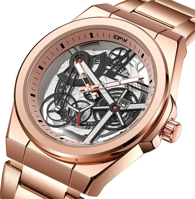 TPW Armbanduhr Skeleton, Quarz, Edelstahl, Gold, Herren, Datum - Bild 1