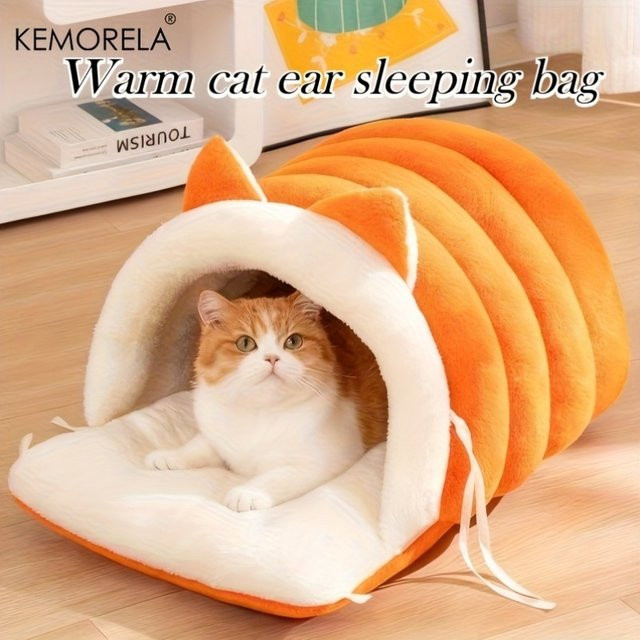 KEMORELA Katzenohrenbett als warmes Höhlenbett für Katzen in Orange mit rutschfester Unterseite und abnehmbarem Bezug - Bild 1