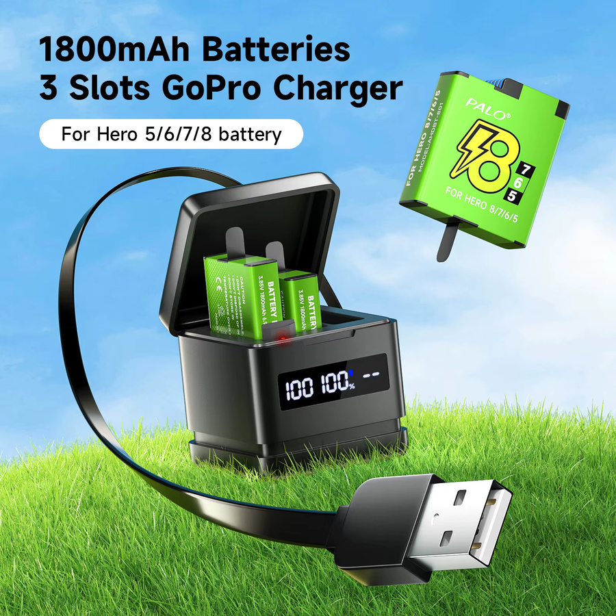 GoPro Akku Set mit 1800mAh und 3-Slot-LCD-Ladegerät für Hero 8, Hero 7, Hero 6 und Hero 5 Black Actioncam - Bild 2