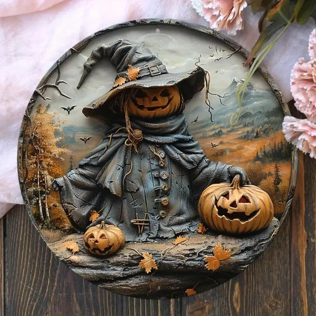 CIFBUY Vintage Halloween Wandskulptur aus Metall mit Kürbis und Vogelscheuche, runde Aluminium-Plakette, Mehrfarbig, Durchmesser: 20,32 cm - Bild 1