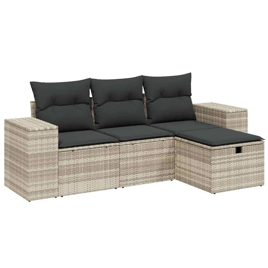 vidaXL 4-tlg Garten-Sofagarnitur in L-Form mit Kissen und Ottoman, Hellgrau, Poly Rattan und Metallrahmen - Bild 2