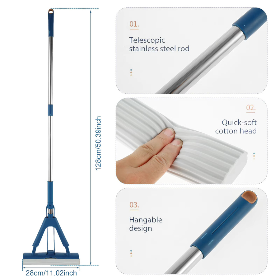 Willstar Faltbarer selbstentleerender Schwamm-Mopp in Blau mit 2 Ersatzköpfen - Bild 4