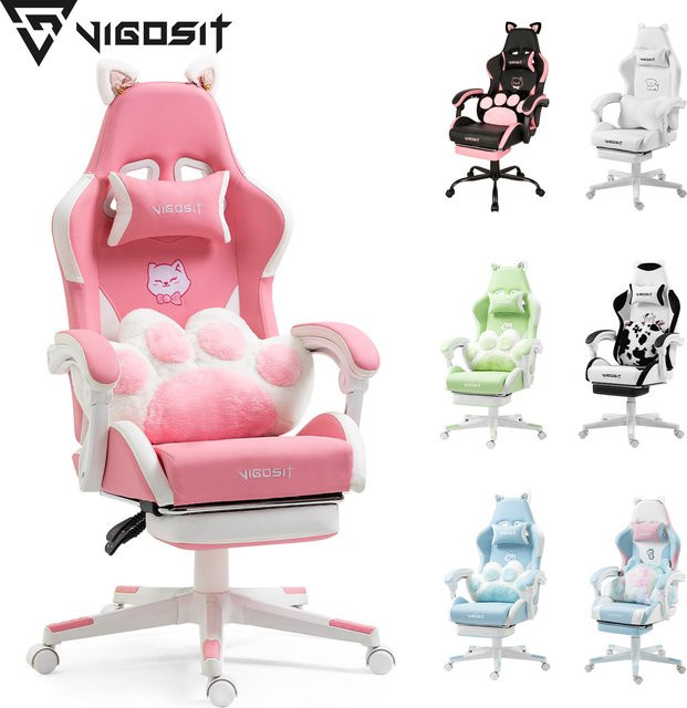 Vigosit Gaming Stuhl für Mädchen mit Ohren und Kawaii Kissen, ergonomischer Computer-Spielstuhl mit Lendenwirbelstütze in Blau oder Pink - Bild 1