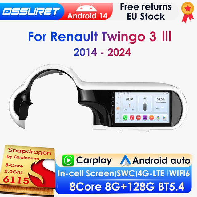 OSSURET Android Autoradio mit Qualcomm 8-Core Prozessor für Renault Twingo 3 III 2014–2024, CarPlay, Android Auto, GPS, 4G und 360 Grad Panoramakamera, Schwarz - Bild 1