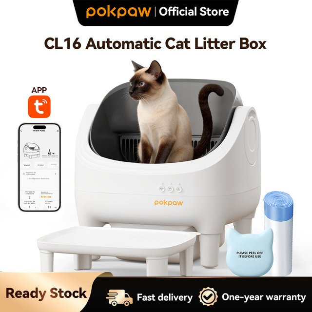 Pokpaw CL16 Intelligente Selbstreinigende Katzentoilette mit App-Steuerung, Automatische Katzenstreubox, 76l, Weiß, Halbgeschlossen - Bild 1