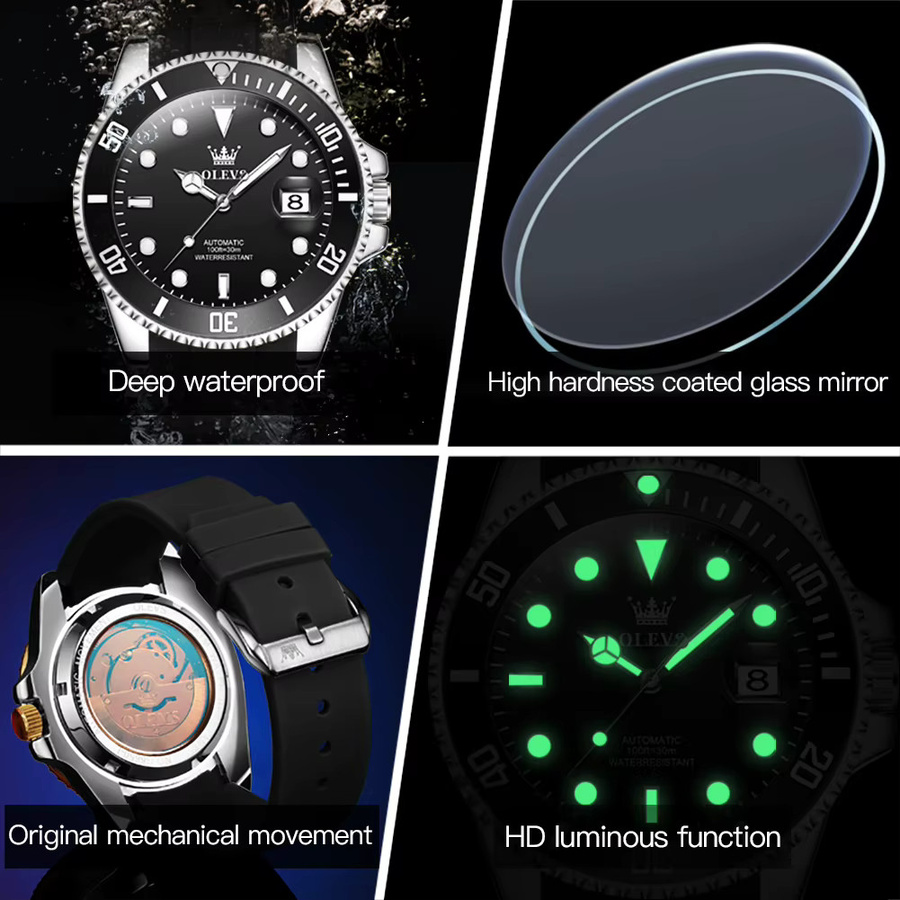 OLEVS Armbanduhr, mechanisch, Silikon-Armband, Schwarz, Herren - Bild 3