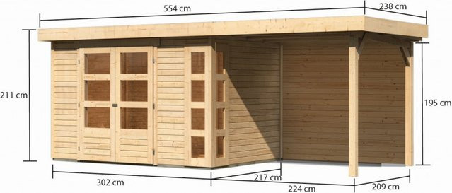 Gartenhaus Holz KERKO 4 Naturbelassen mit 240 m2 Anbaudach und Rückwand B: 302 cm, T: 217 cm - Bild 1