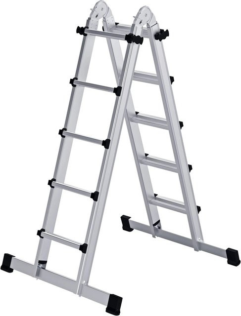 PROREGAL Teleskopleiter 4-teilig mit Traverse, 4 x 5 Sprossen, Silber - Bild 1