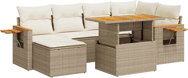 vidaXL 7-tlg. Garten-Sofagarnitur in L-Form aus Polyrattan und Akazie mit Kissen in Beige - Bild 1