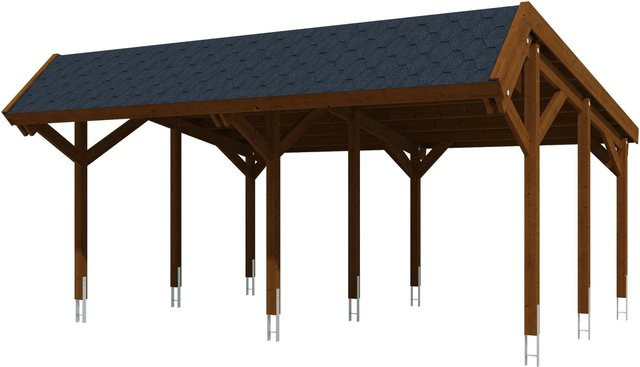Skan Holz Carport Harz aus Nadelholz in Nussbaum mit schwarzen Dachschindeln B: 624 cm, T: 560 cm - Bild 1