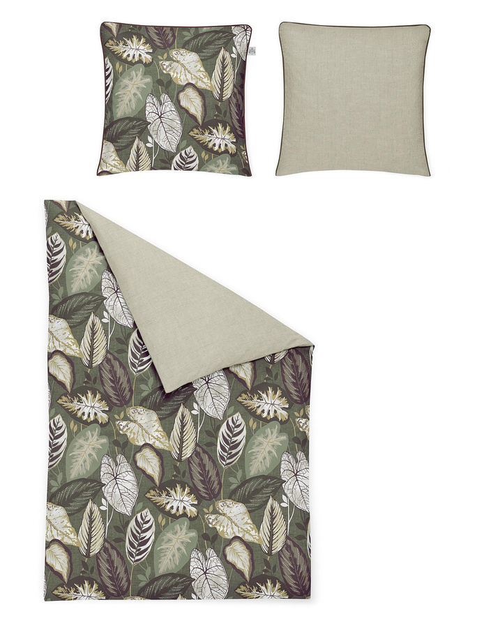 Irisette Crown Mako-Satin Bettwäsche Wende Blätter Grün Creme B/H: 135 x 200 cm mit Kissenbezug 80 x 80 cm - Bild 1