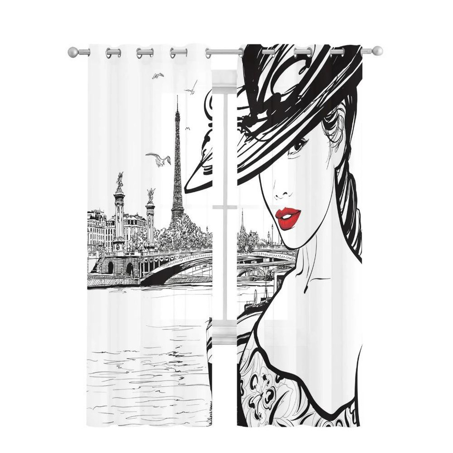 Yiran Furniture Transparente Tüll-Vorhänge Paris Seine Eiffelturm mit roten Lippen aus Organza und Voile, Farbe: Weiß/Rot, Breite: 135 cm, Höhe: 115 cm - Bild 1
