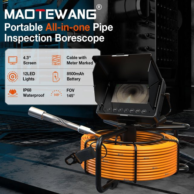 MAOTEWANG Industrielles Endoskop mit 4,3-Zoll-Monitor und 16GB Karte für die Kanalinspektion und Abflussprüfung, IP68 wasserdicht - Bild 1