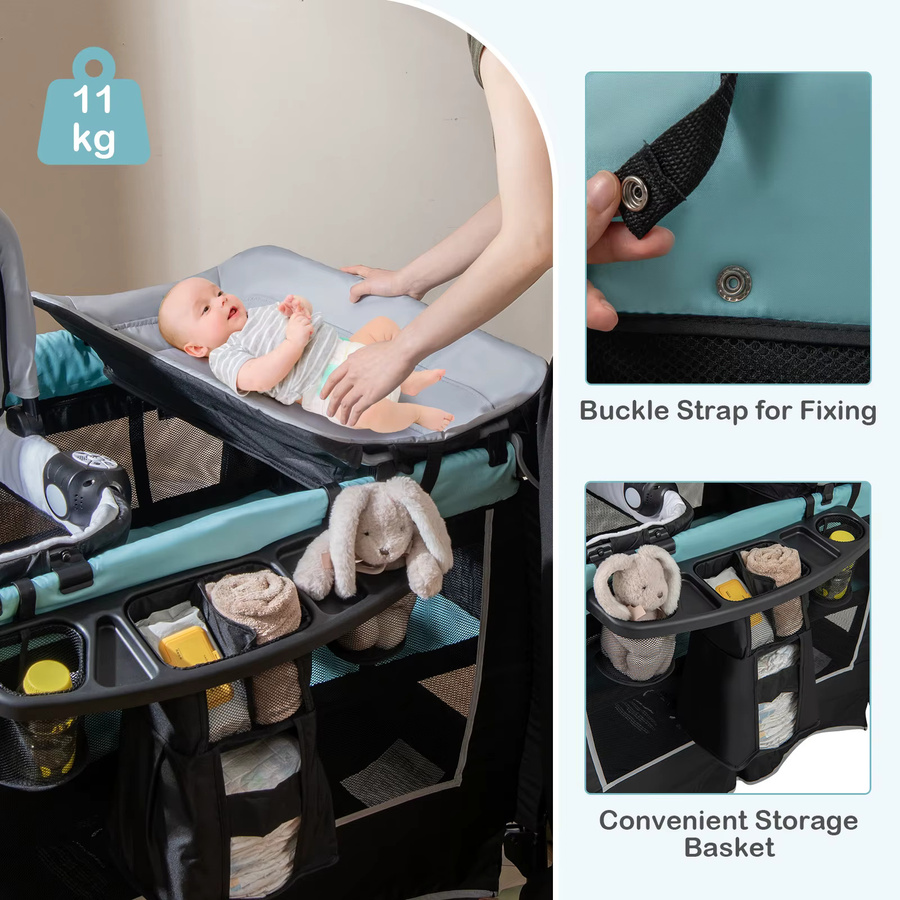 GOFLAME 6-in-1 Reisebett mit Matratze, mobile Babywiege mit verstellbarem Baldachin, faltbares Babybett inklusive Wickelunterlage und Spieluhr, Grün - Bild 4