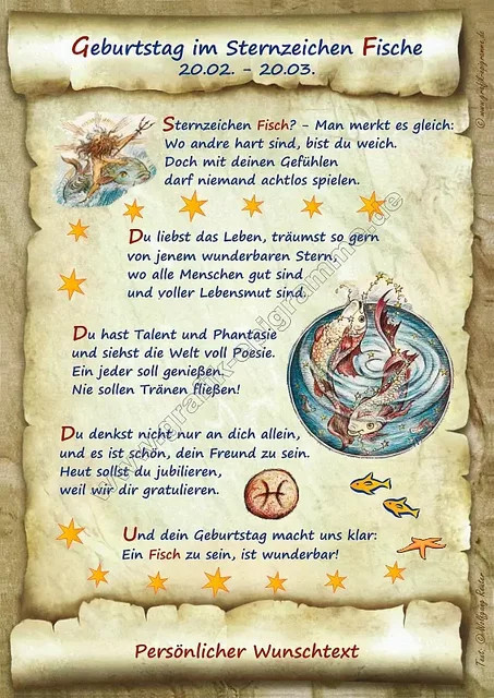 Urkunde zum Geburtstag Sternzeichen Fische von tantum graphic als mehrfarbige Wanddekoration aus Papier - Bild 1