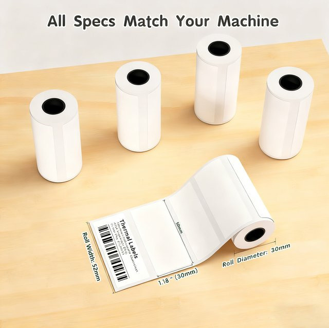 Selbstklebendes Thermo-Lücken-Etikettenpapier in Weiß für Mini-Drucker, wasserfest, B: 52 mm, H: 30 mm - Bild 1