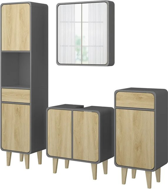 Vicco Badmöbel-Set Arla in Anthrazit und Eiche, 4-teiliges modernes Badezimmer-Set mit Spiegelschrank, Waschtischunterschrank, Hochschrank und Seitenschrank - Bild 1