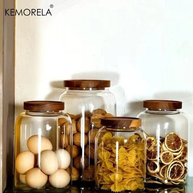 KEMORELA Vorratsglas aus Glas mit Holzdeckel für Kaffeebohnen, transparent - Bild 1