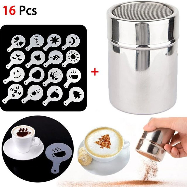 16er Set Edelstahl Schokoladenstreuer und Kaffeesieb mit Schablonen in Silber, rund - Bild 1