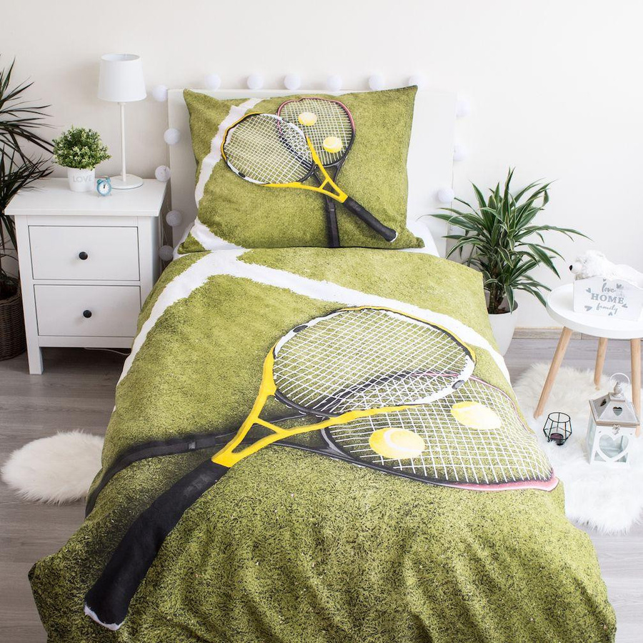 Sportliche Tennis Bettwäsche aus Baumwolle in Grün und Weiß mit Tennis-Motiv, Bettbezug B: 140 cm, H: 200 cm und Kissenbezug B: 70 cm, H: 90 cm - Bild 2
