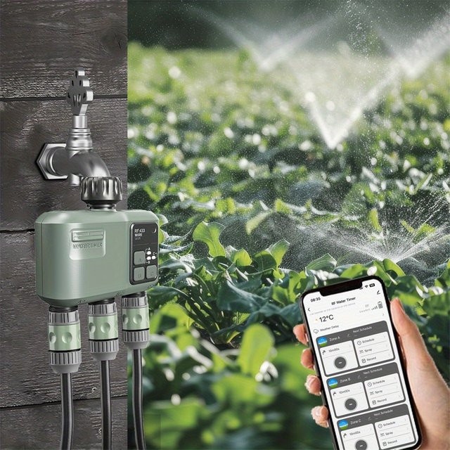 Eshico Smart Sprinkler Timer Graue App-gesteuerte Gartenbewässerungslösung mit 3 Zonen und RF433 Drahtlosem System - Bild 1