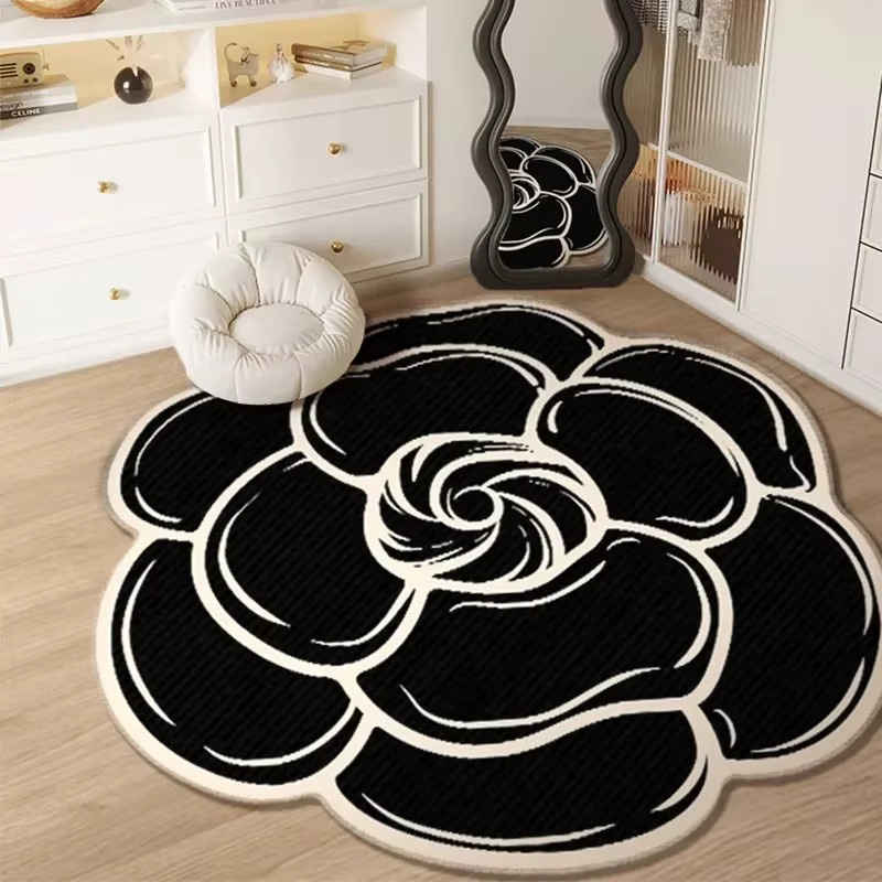 VIKAMA Gardenia Runder Teppich mit floralem Design in Schwarz, rutschfest, Durchmesser: 80 cm - Bild 1