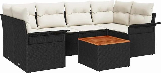 7-tlg. vidaXL Garten-Sofa-Set aus Poly-Rattan in Schwarz mit Tisch und Polstern in L-Form - Bild 1