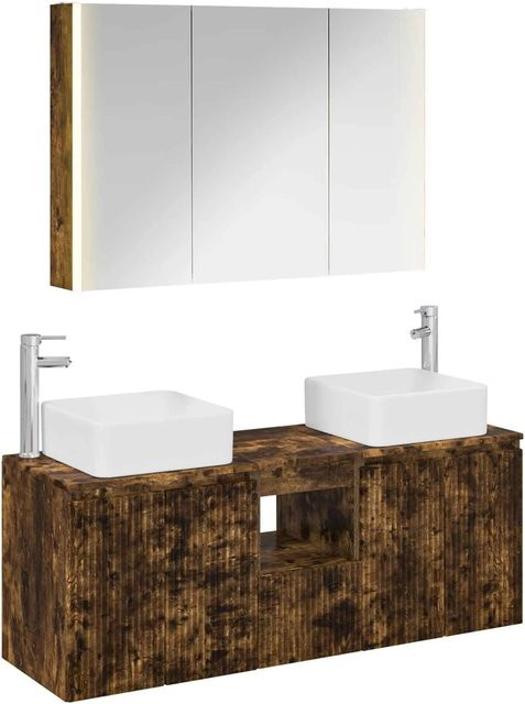 vidaXL Badezimmerschrank-Set 4-teilig in Geräucherte Eiche, modern, Braun, mit LED-Beleuchtung und Spiegelschrank - Bild 1