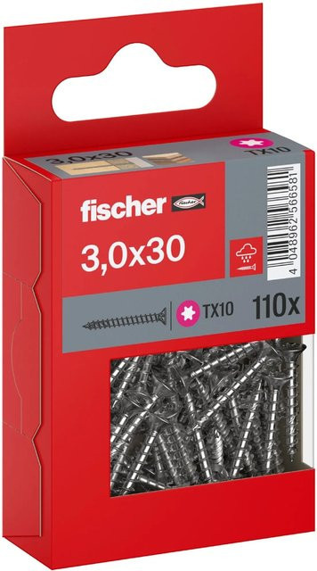 Fischer PowerFast II A2 Senkkopf TX Vollgewinde Schraube aus Edelstahl in Silber, Durchmesser: 3 mm, Länge: 30 mm, 110 Stück - Bild 1