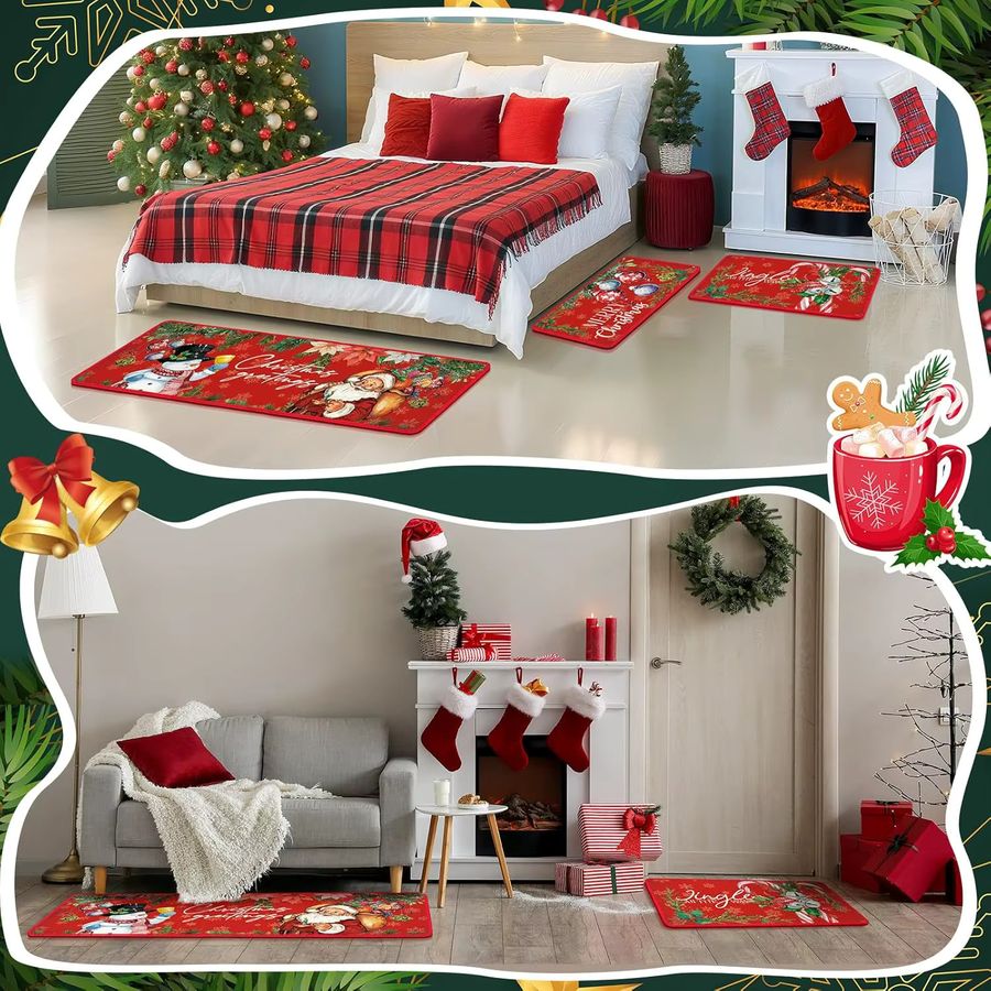 VIKAMA 3er Set Weihnachts-Fußmatten in Rot, rutschfeste und wasserabsorbierende Druckteppiche für Eingang, Küche oder Bad - Bild 4